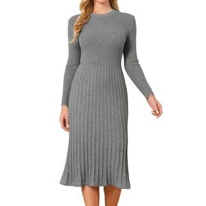 Women's Long Sleeve Sweater Dress Fall Crewneck Knit Pleated Dress Grey